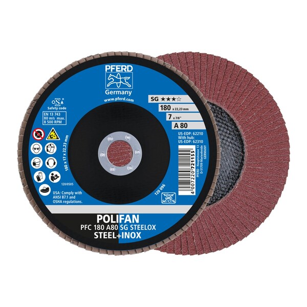 Pferd 7" x 7/8" A.H. POLIFAN Flap Disc - A SG STEELOX, Aluminum oxide, 80 Grit, Conical 62210 - main